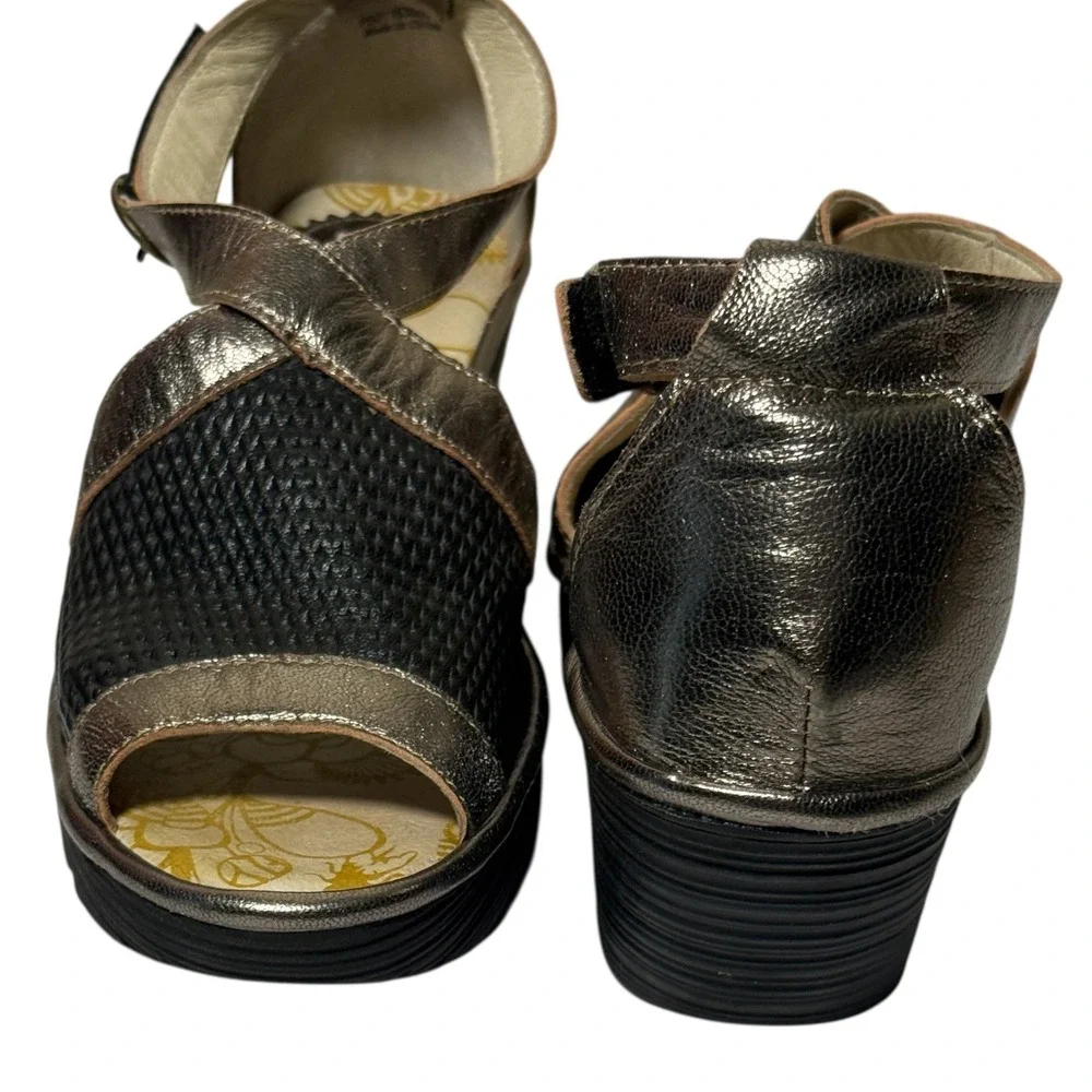 FLY LONDON YACE Wedge Sandals Perforated Black Leather Metallic EU 40‎ Size 9
